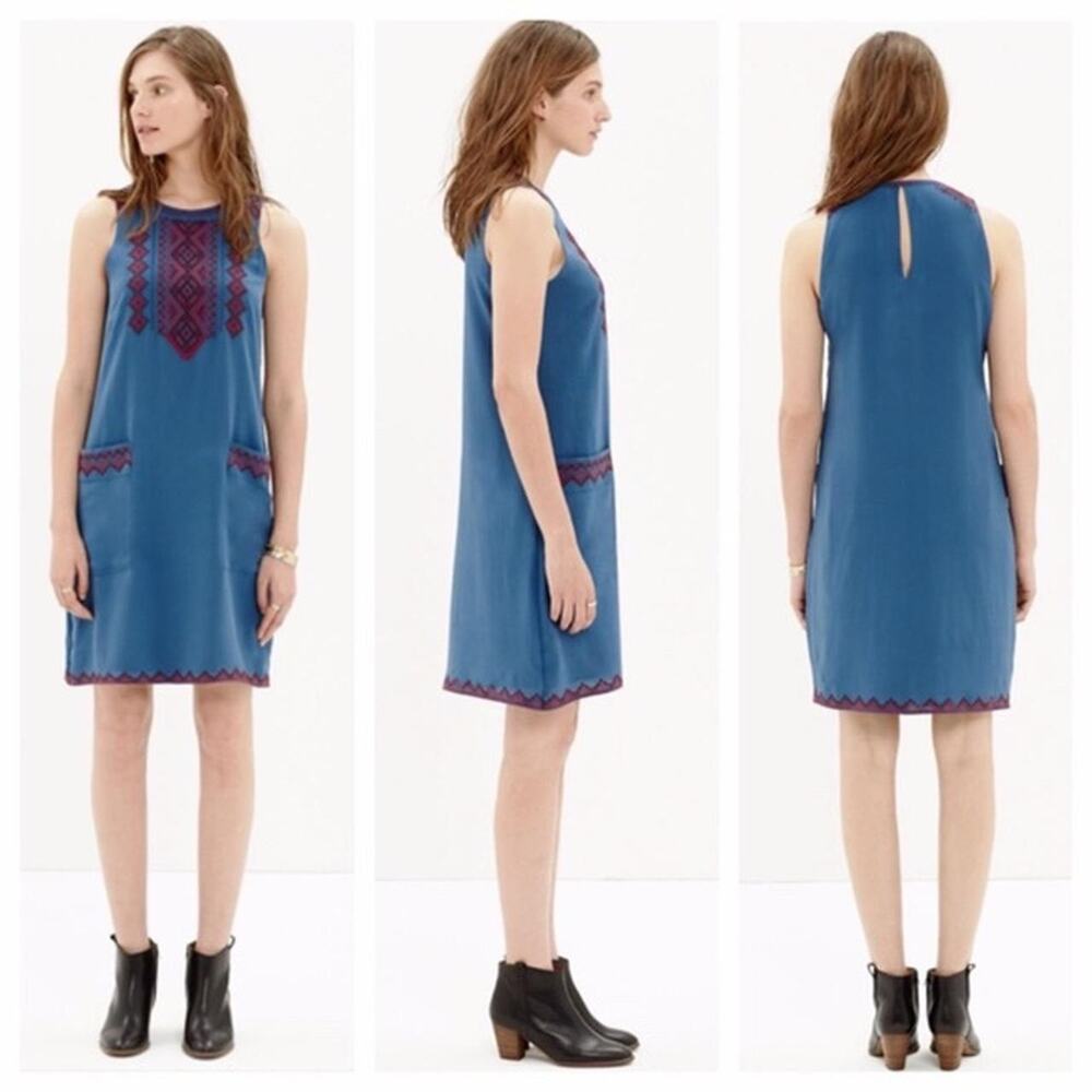 Madewell‎ 100% Silk Boho Geometric Embroidered Shift Dress Blue Red Size L